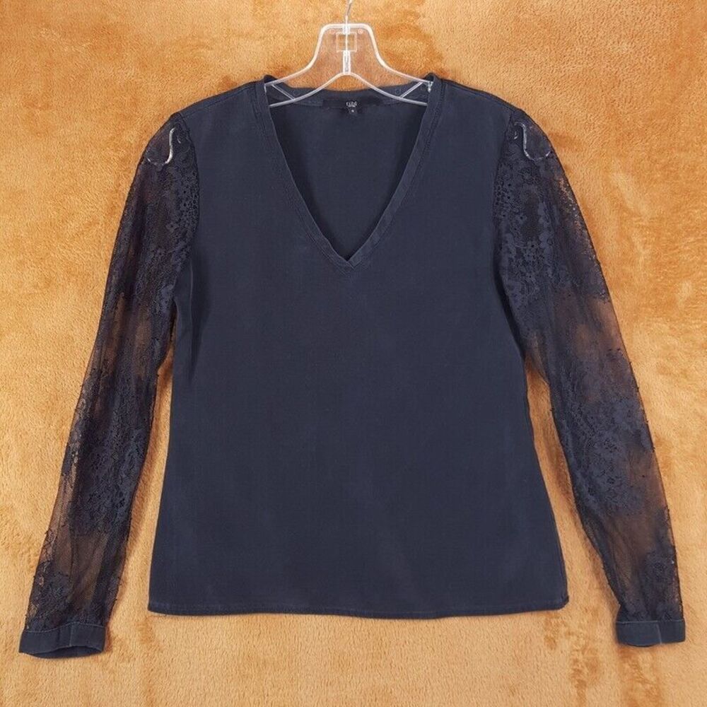 TIBI Top Womens Size 4 Black Pullover Sheer Lace Sleeves 100% Silk Blouse